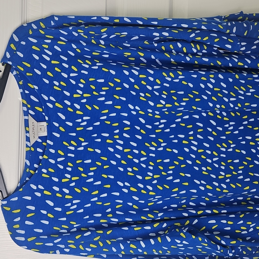 Multiples 3/4 Ruffled Sleeve Open Neck Cinched Left Hem Top: Blue W/Dots:Size-2X